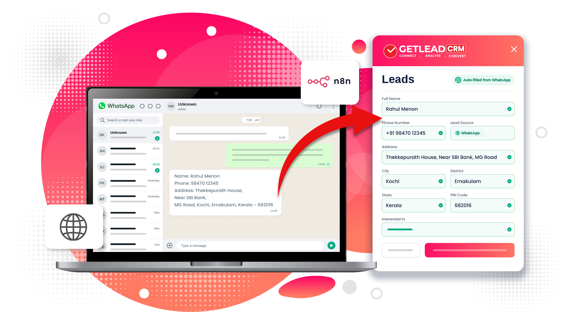 A customer's name, phone and address from a WhatsApp chat auto-filled into a Getlead CRM lead form through n8n