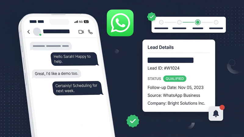 WhatsApp conversation alongside a Getlead CRM lead record showing how WhatsApp enquiries are captured