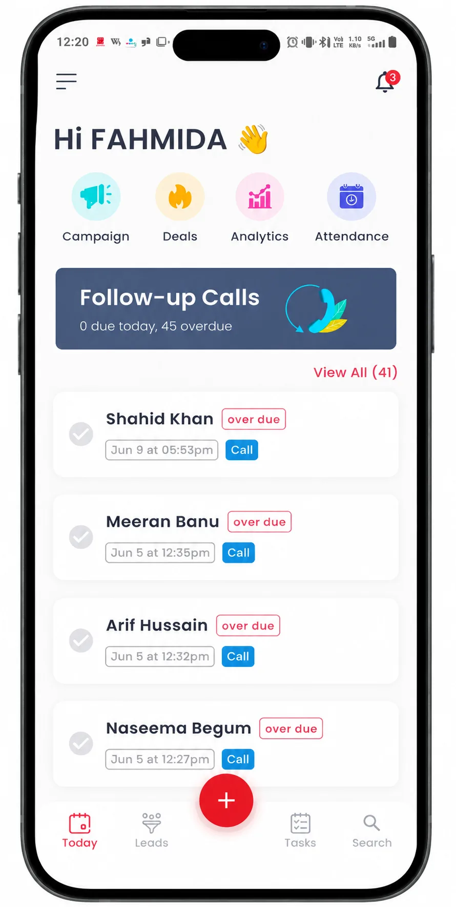 Getlead mobile app dashboard showing leads this month, deals due today and stalled leads