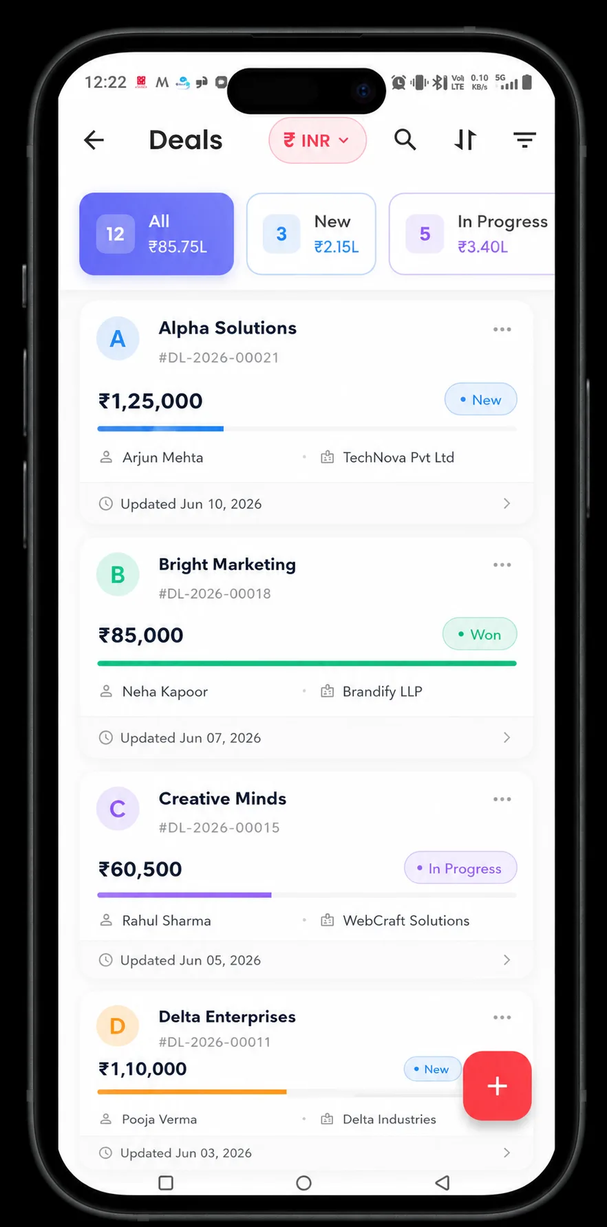 Getlead mobile app task list showing today's follow-ups with one-touch complete actions
