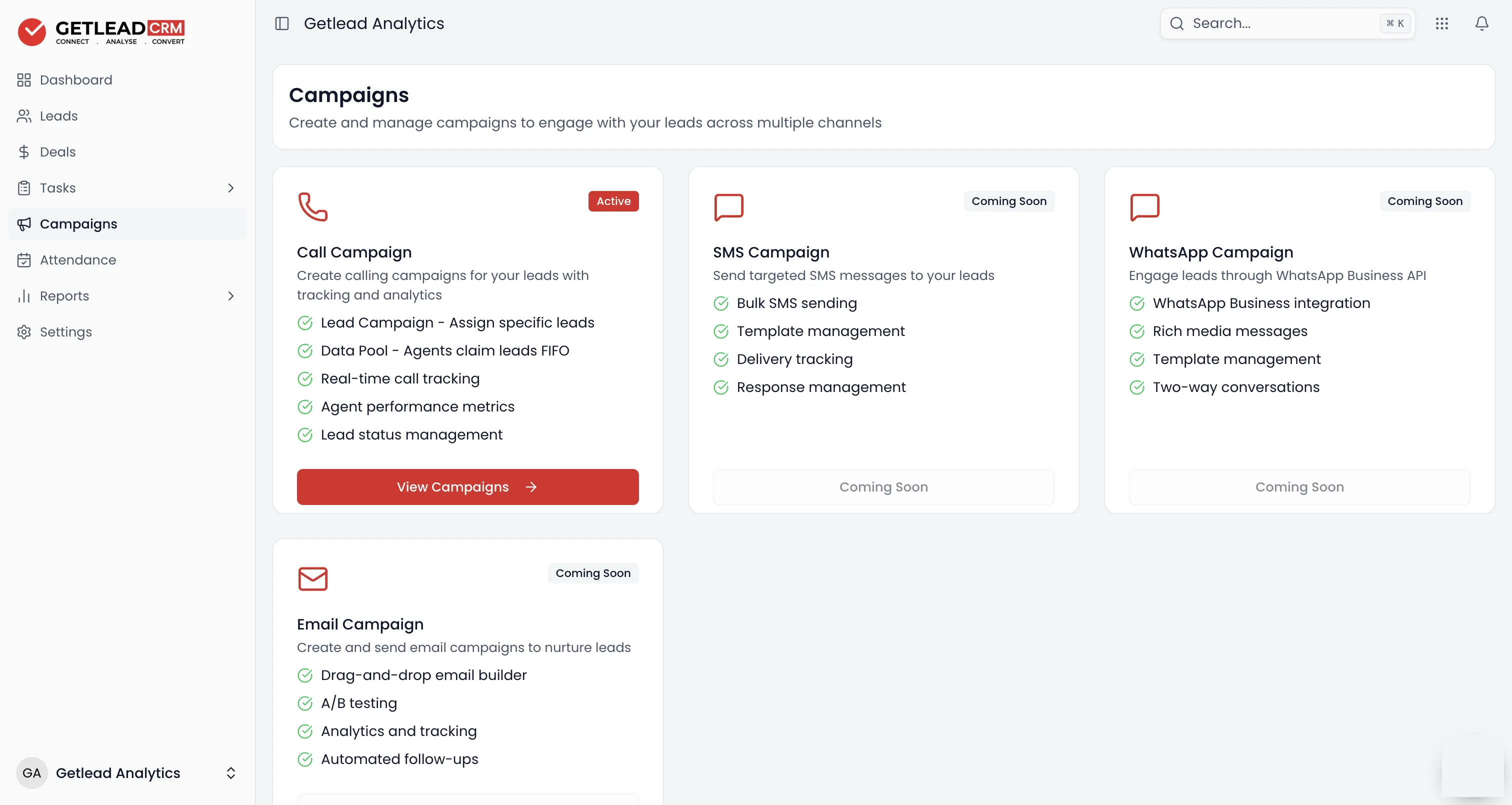 The Getlead campaigns screen, where a campaign is created and its type chosen