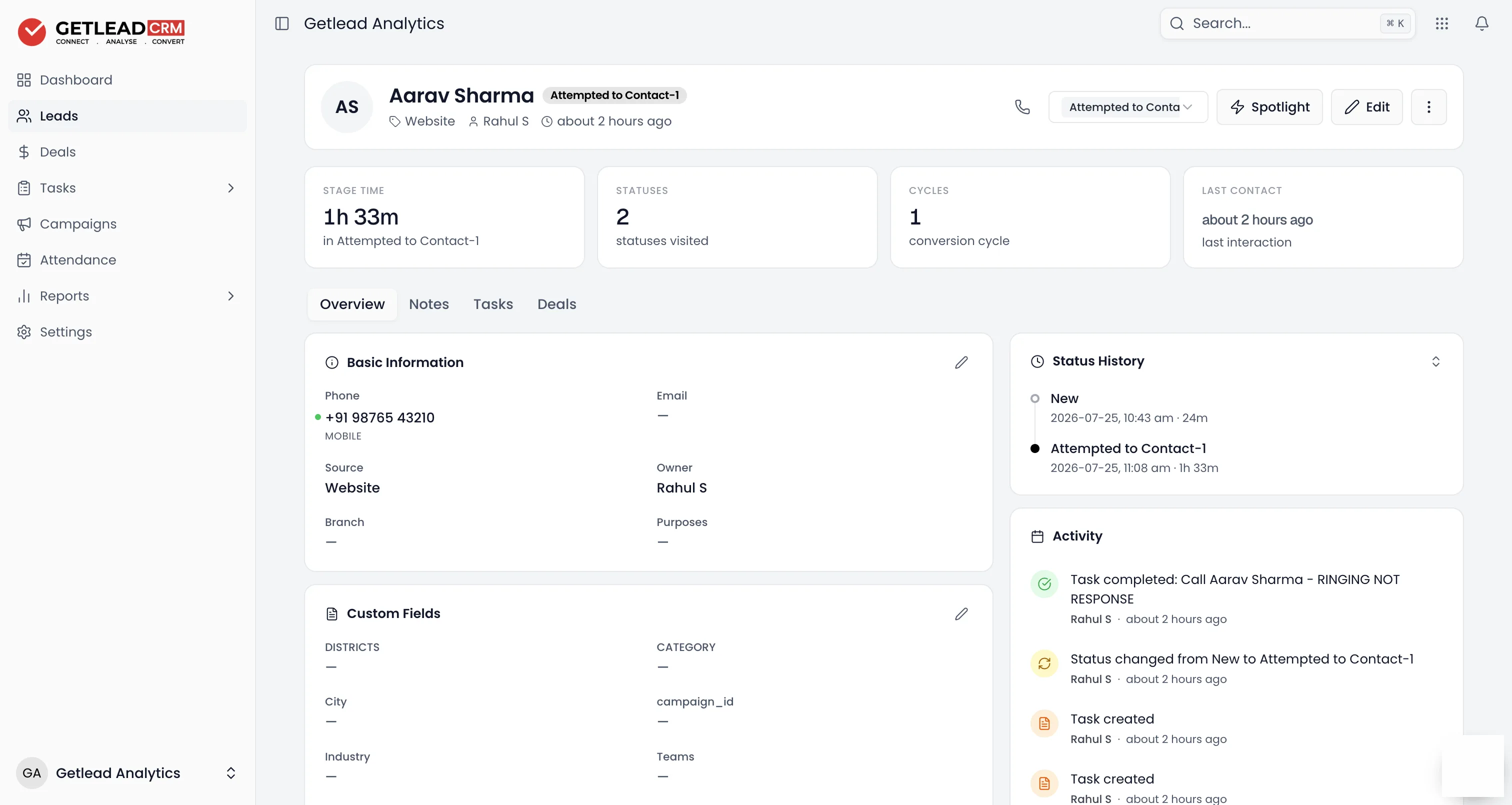 A Getlead lead record showing its status, source, owner and full activity history