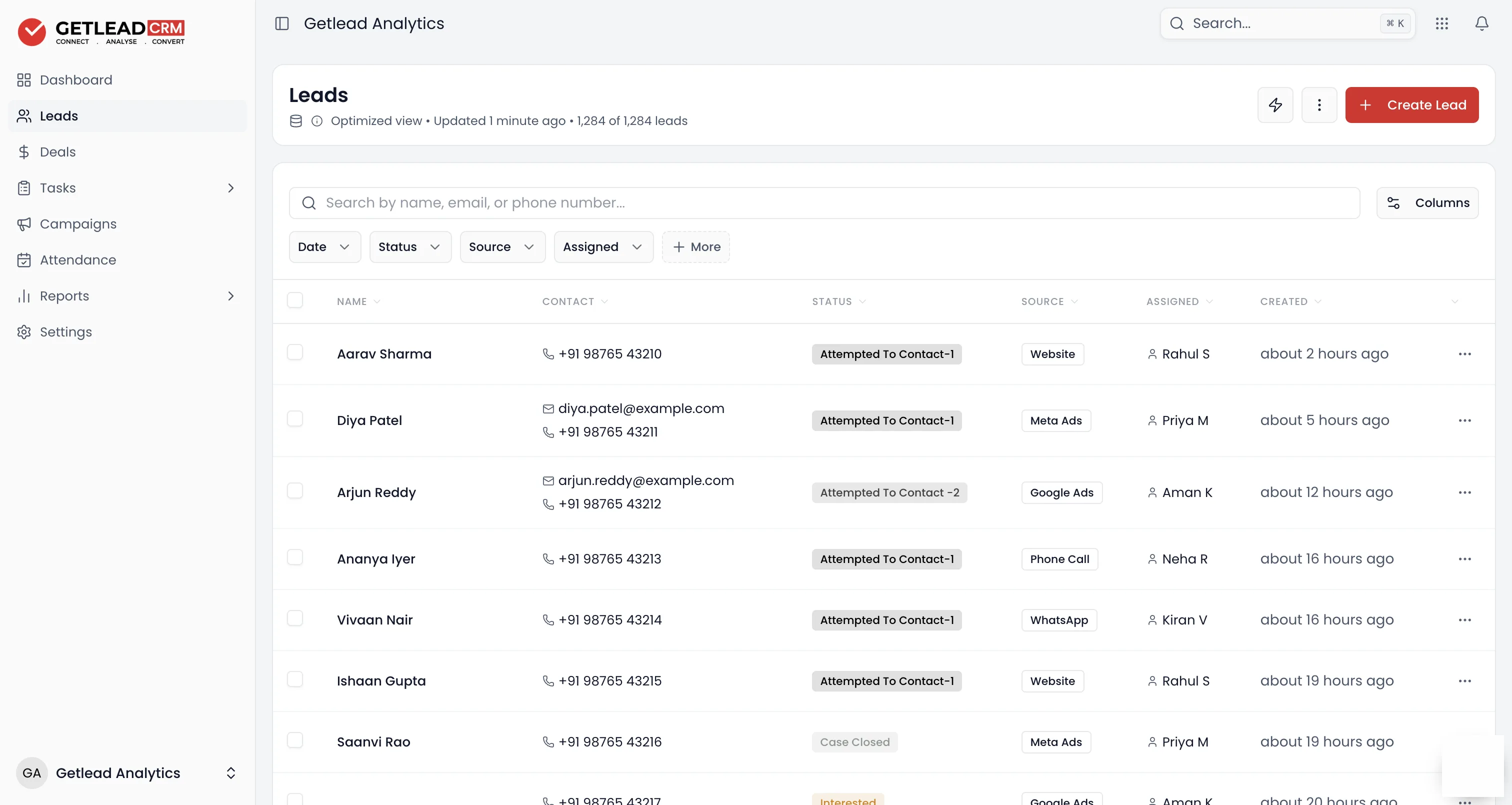 The Getlead enquiry queue, with each enquiry showing its source, status and the person it is assigned to