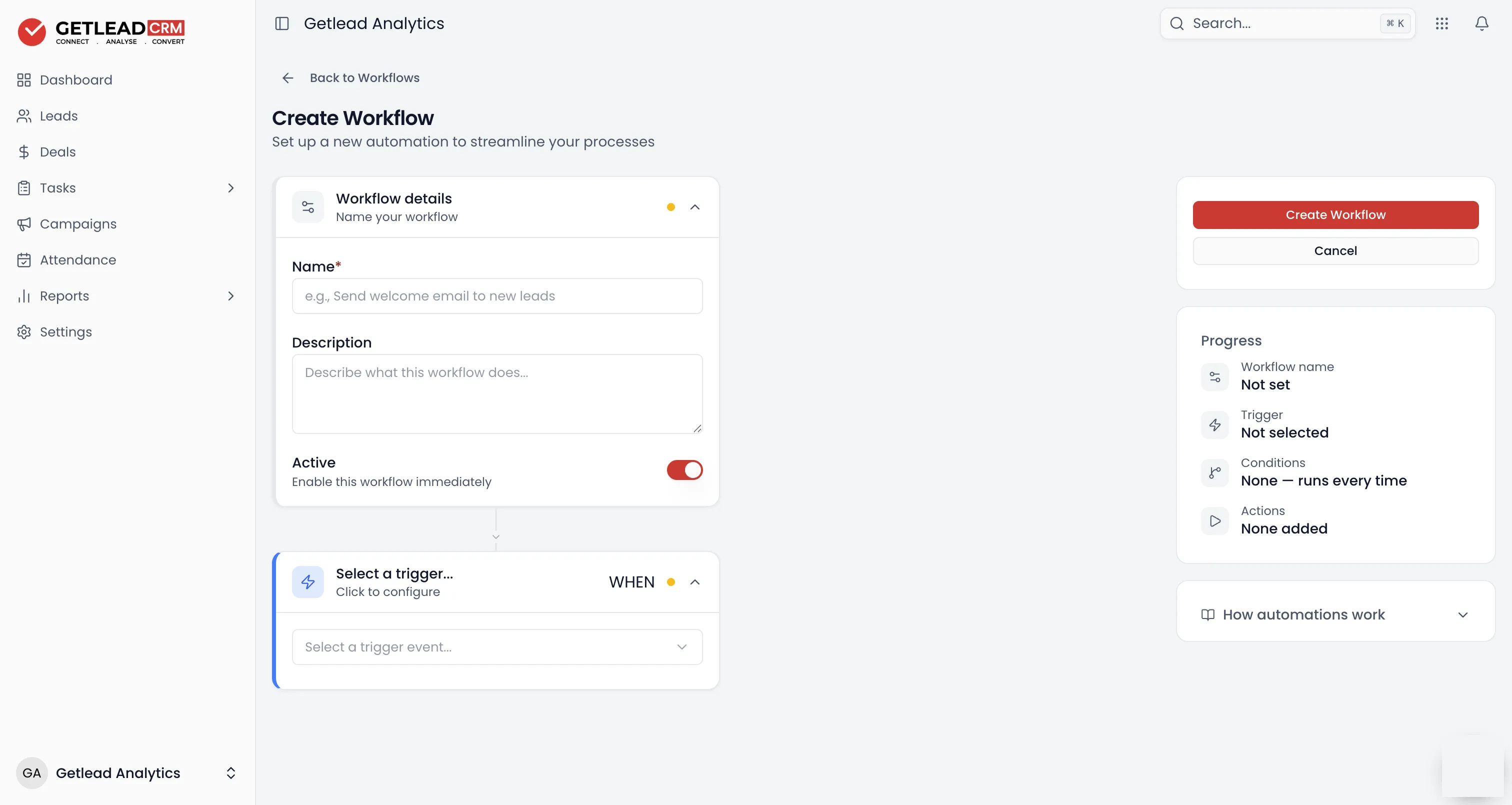The Getlead workflow builder, where the rules that route incoming leads are set up