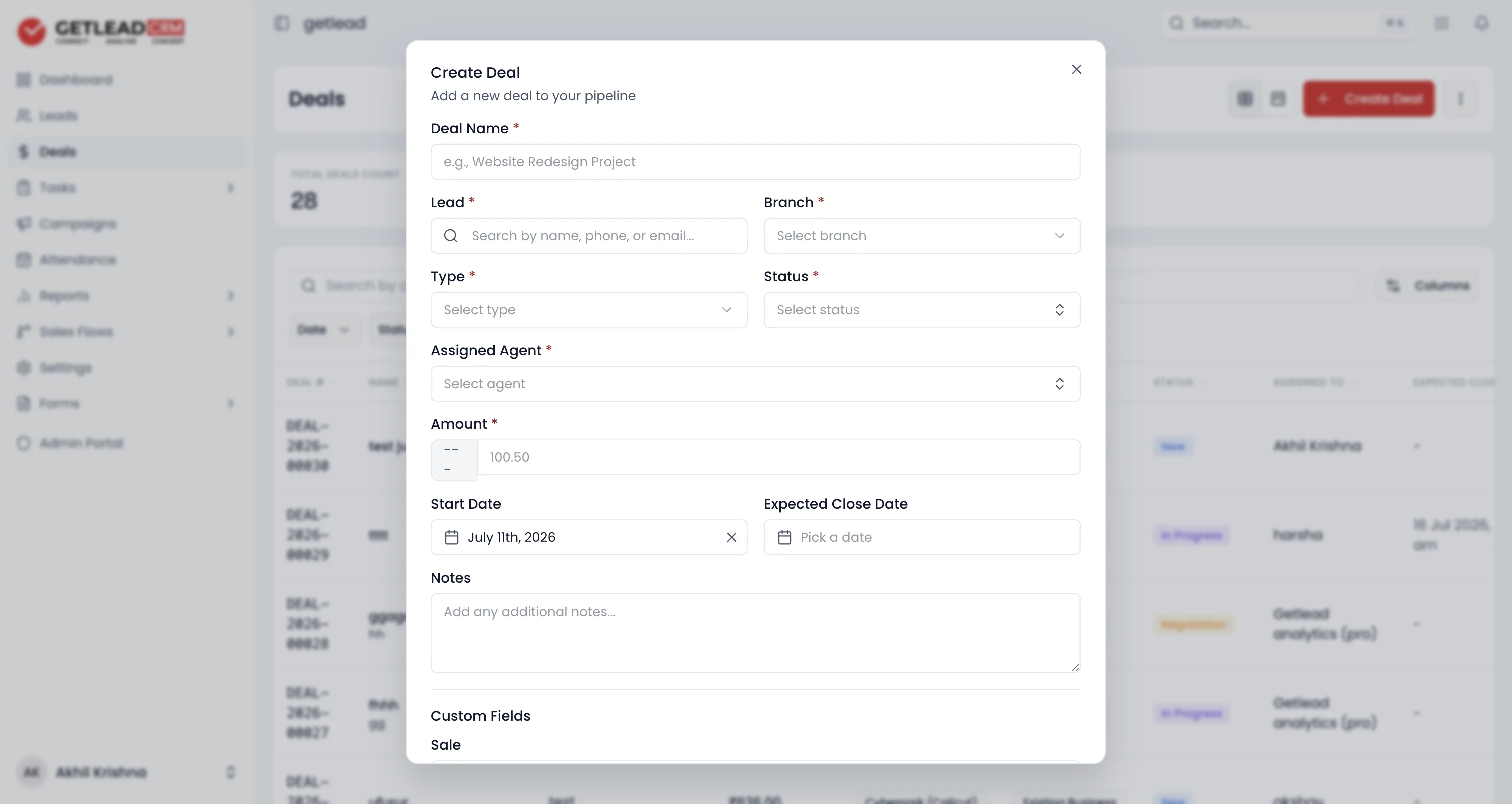 The Create Deal form