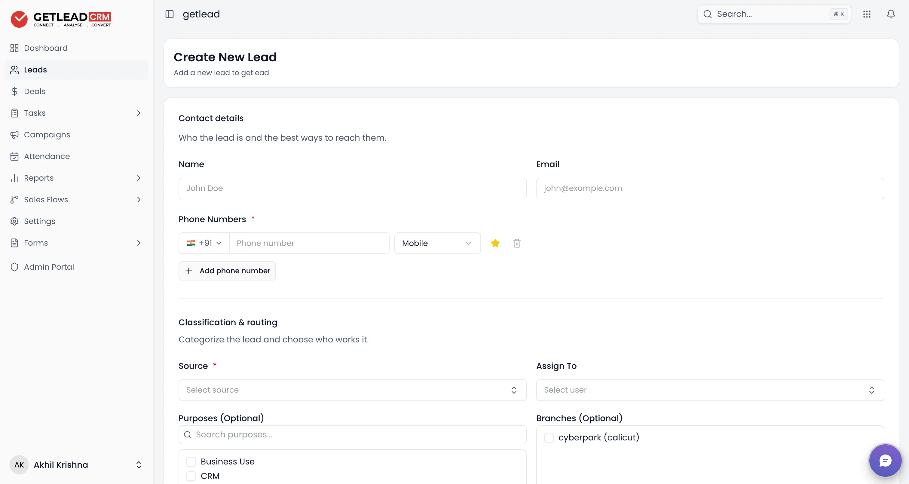 The Create Lead form