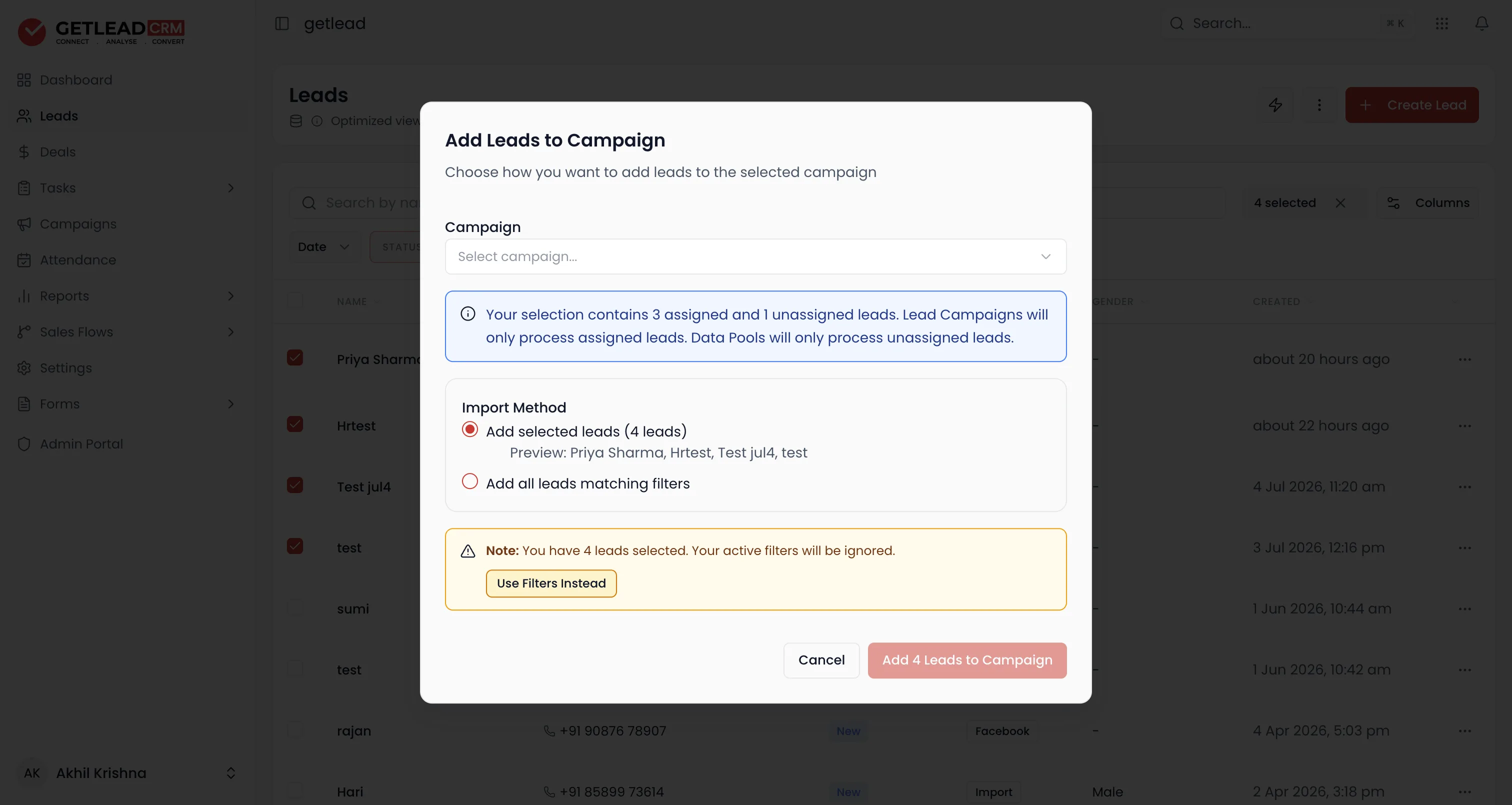 The Add to Campaign dialog