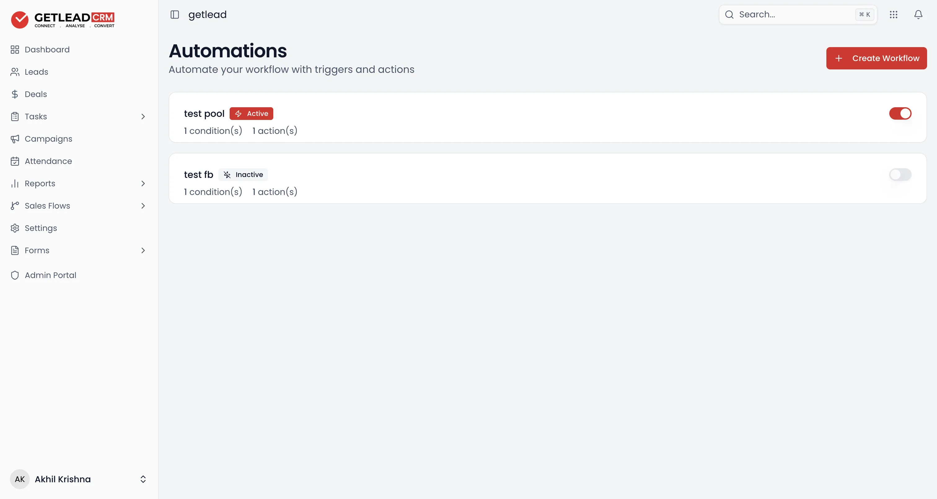 The Workflows list