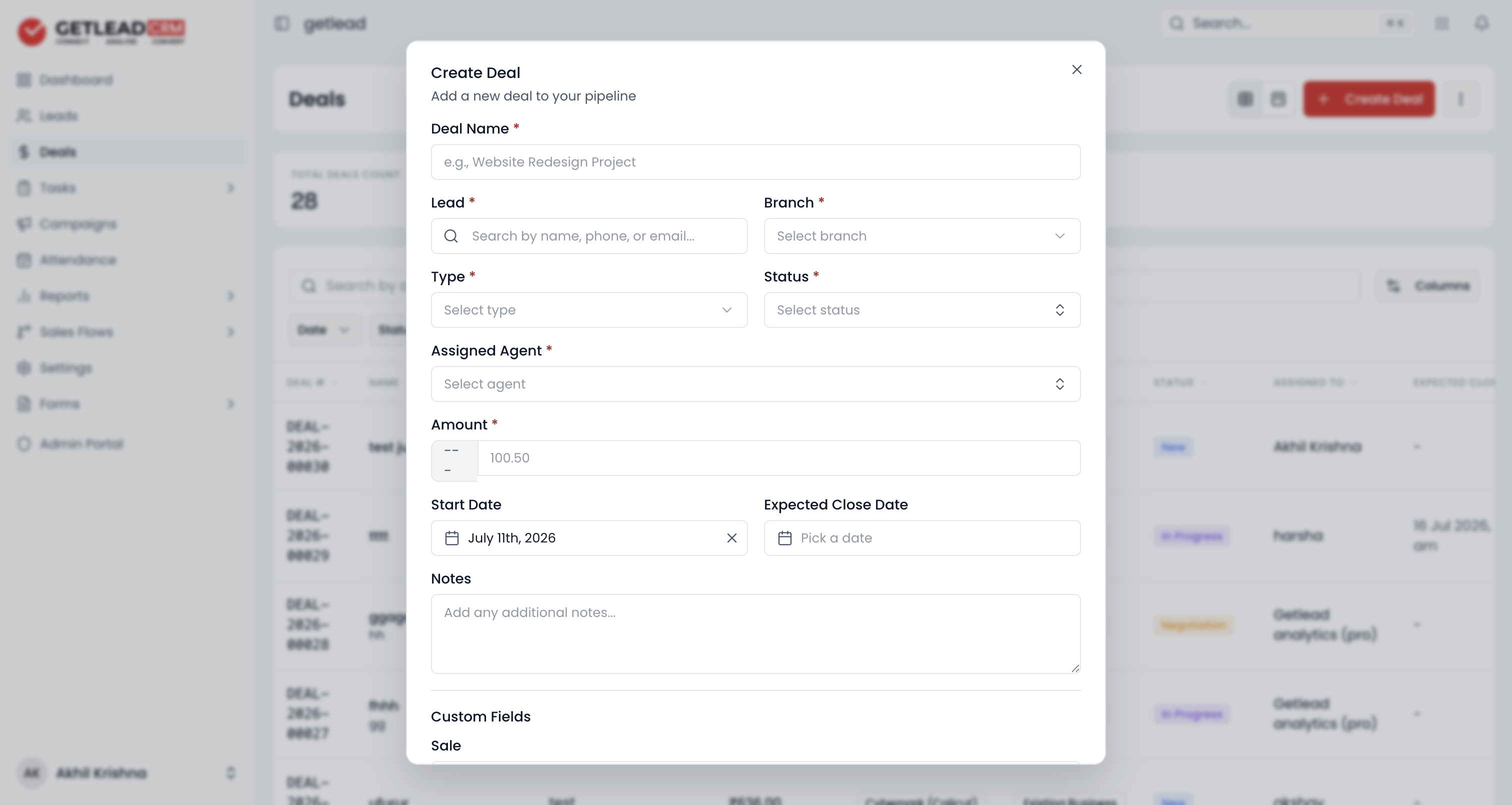 The Create Deal form